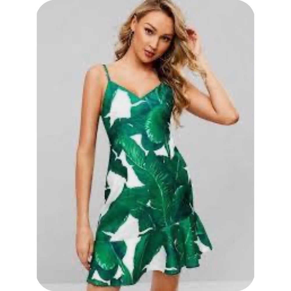 Davi & Dani Green Banana Leaf Print Ruffle Hem Cami Mini Dress